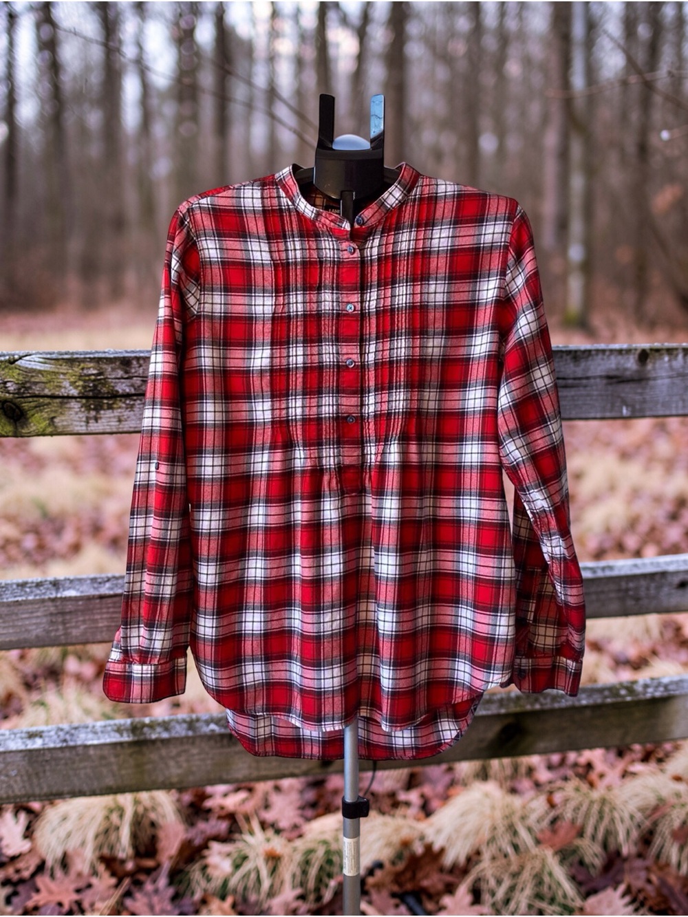 LANDS’ END Pleated Front Flannel Top Women’s 16 Red Plaid Cozy Fall Casual